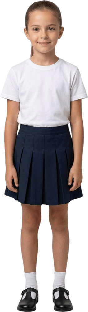 Niña con falda-short escolar azul marino y playera básica blanca