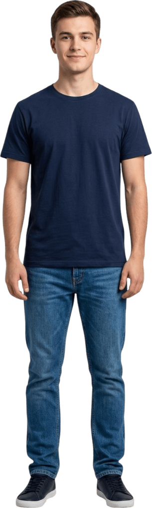 Joven con playera básica de cuello redondo azul marino y jeans