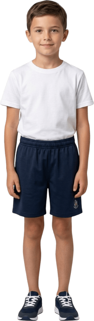 Niño con short escolar azul marino y playera básica blanca