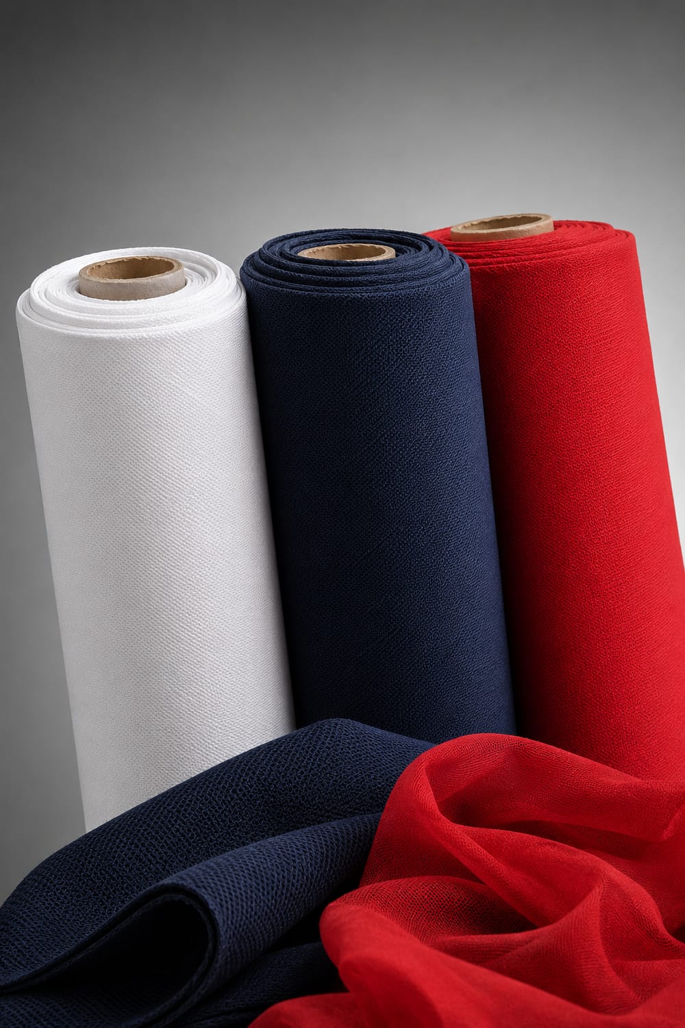 Rollos de tela blanca, marina y roja para producción a mayoreo