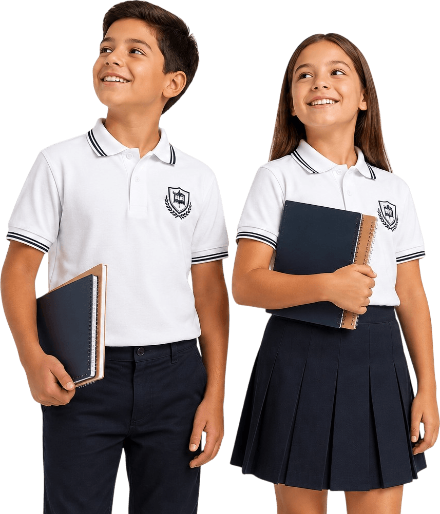 Un niño y una niña con polo escolar blanco y uniforme marino, con mochila