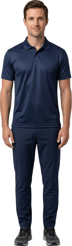 Persona atlética con polo deportivo azul marino Dry Fit y pantalón deportivo