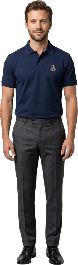 Hombre con polo ejecutivo azul marino con logo bordado y pantalón de vestir