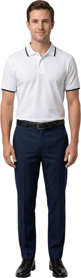Hombre con polo blanco de piqué 50/50 con vivo azul marino y pantalón marino