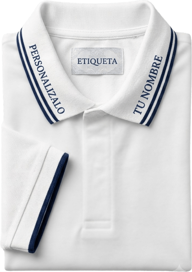 Cuello y puño de polo blanco con líneas azul marino y nombre tejido