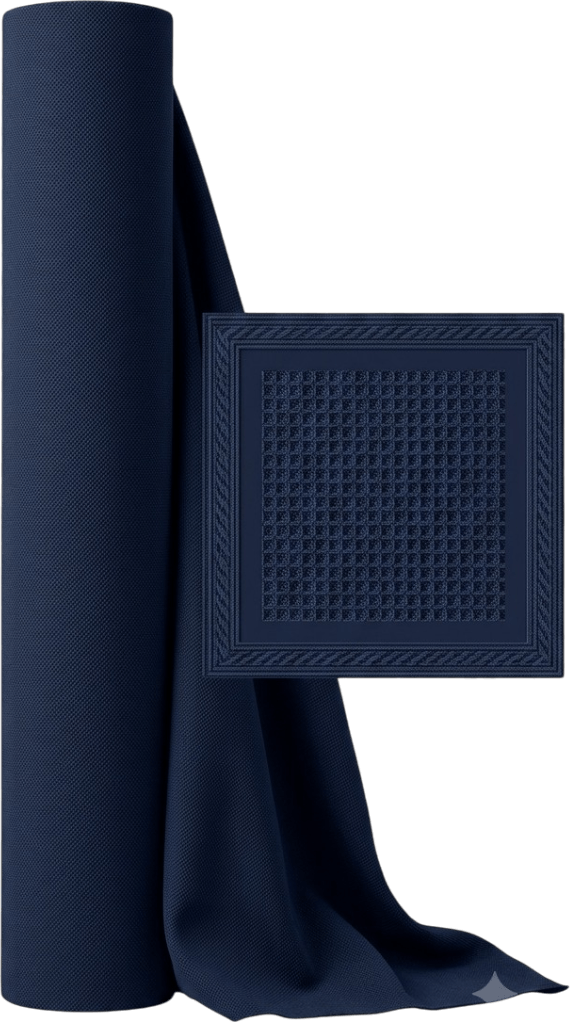 Rollo de tela piqué azul marino con la clásica textura de rejilla, cayendo al frente