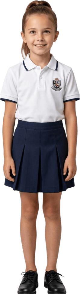 Niña con uniforme escolar: polo blanco con escudo y falda de tablas azul marino