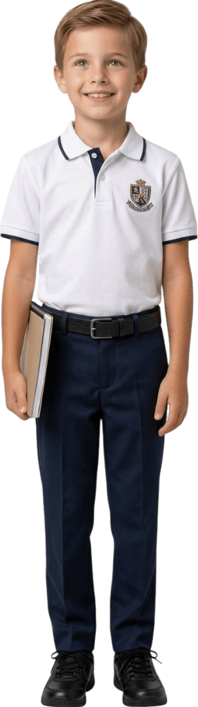 Niño con uniforme escolar: polo blanco con escudo bordado y pantalón azul marino