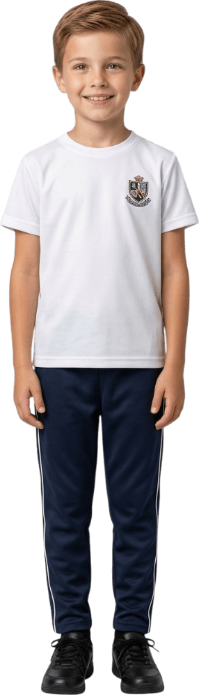 Niño con uniforme deportivo: playera blanca y pants azul marino con vivo lateral